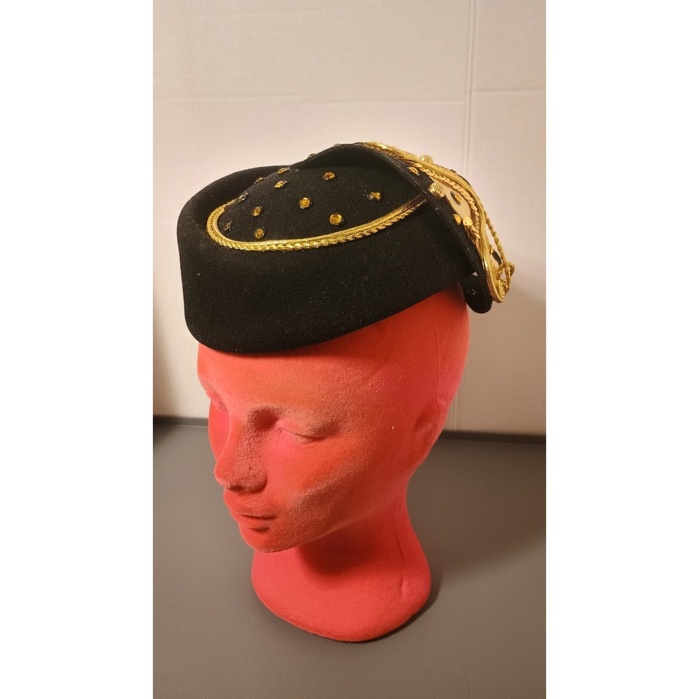Lancaster Pillbox Hat Womens OS Black Good Vintage Wool Gold Rhinestone 1950s